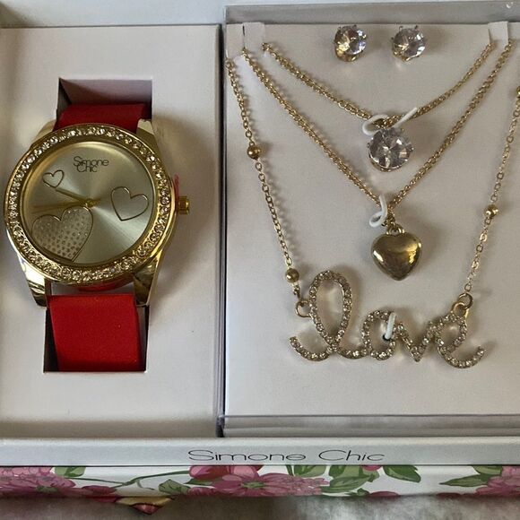 Rhinestone Watch and Earrings Love Necklace Set - Picture 1 of 3